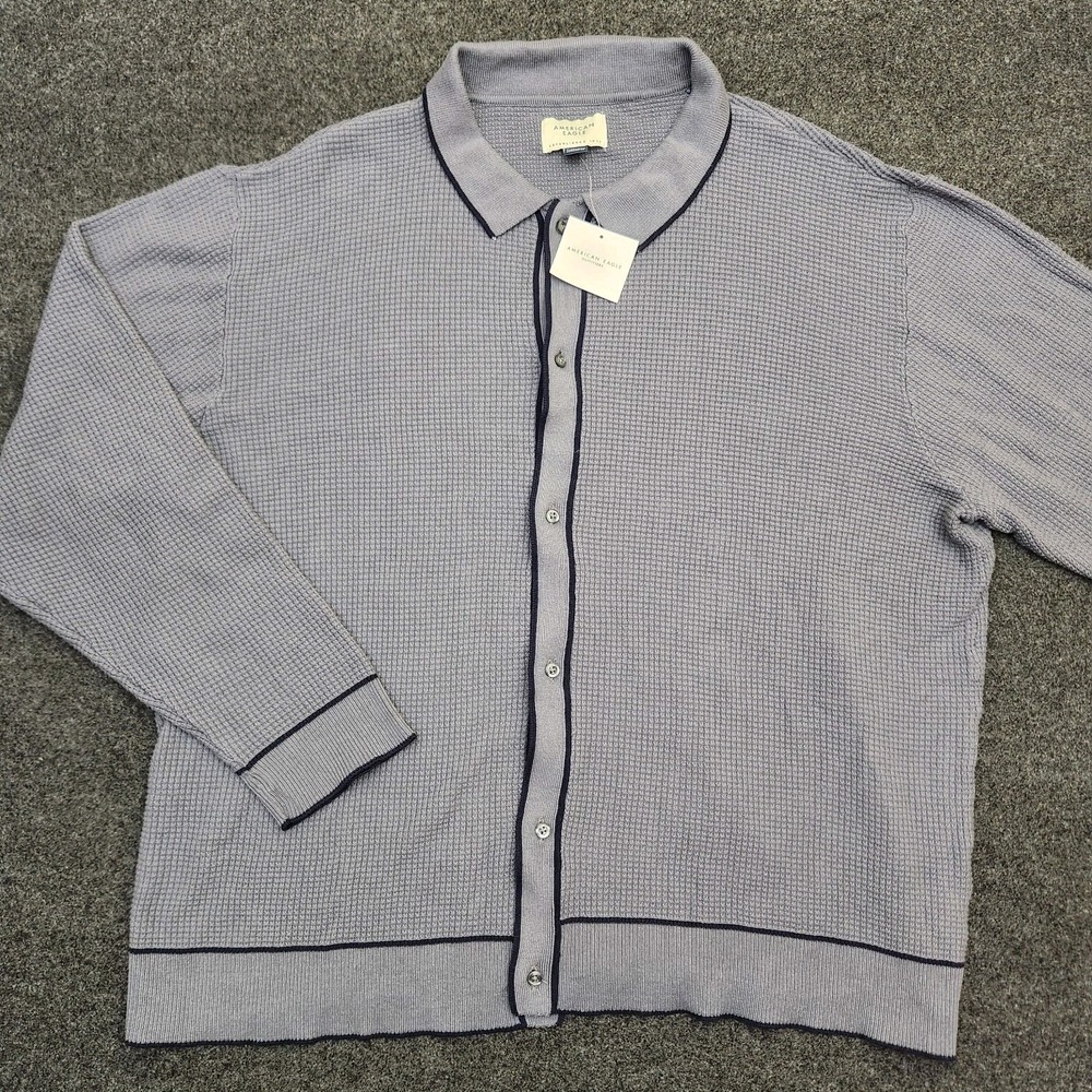 American Eagle Mens XL Blue Gray Waffle Knit Cardigan Button Front Old Money NEW